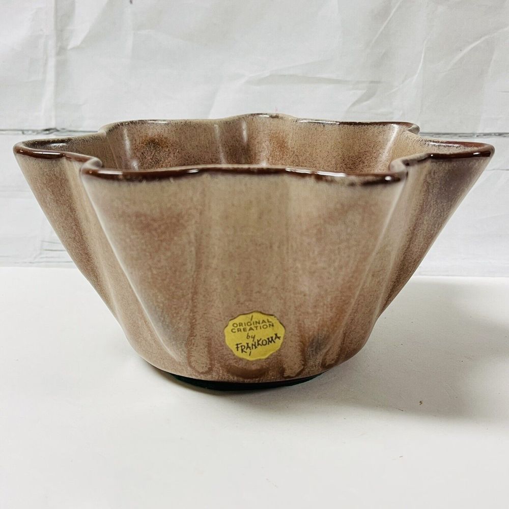 Frankoma Pottery Fluted Scalloped Flower Plant Bowl Dish Pot Brown Plainsman Vtg
